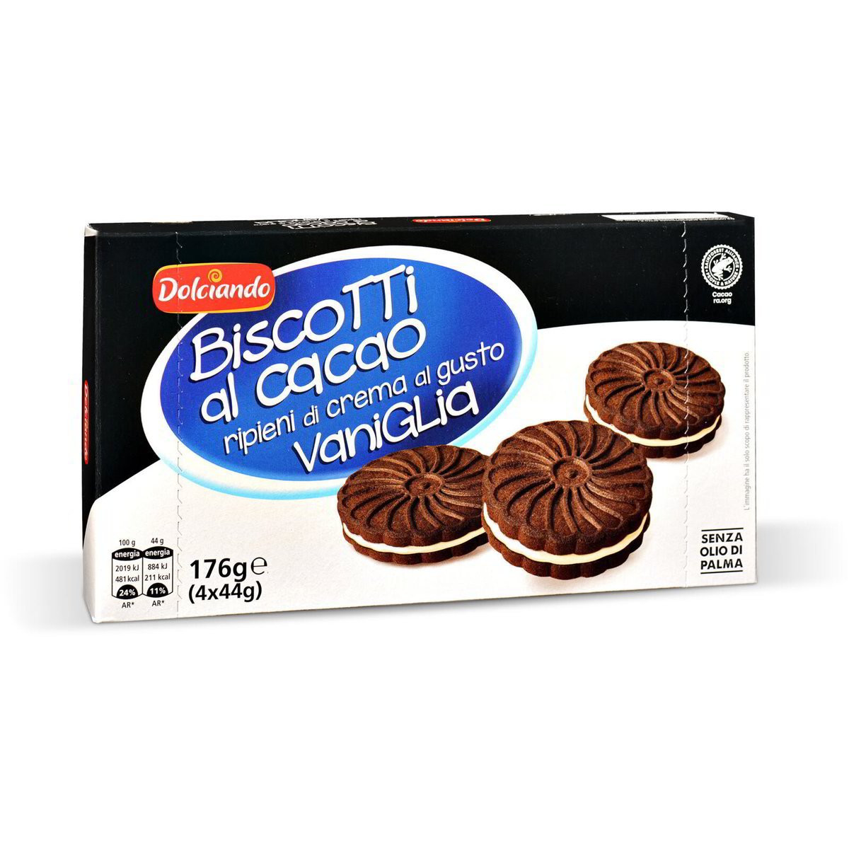 Biscotti al cacao ripieni di crema al gusto vaniglia dolciando